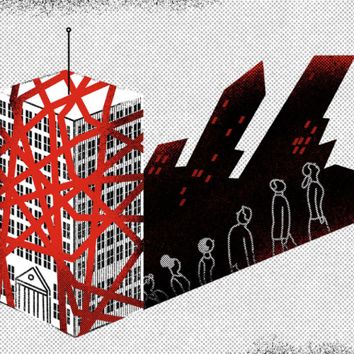 Illustration of a bank building wrapped in red tape and customers emerging from the basement into shadows.