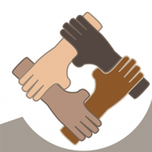 An illustration of four interlocking hands representing multiple races and ethnicities.
