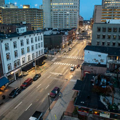 An aerial shot of empty streets in Harrisburg, Pa.