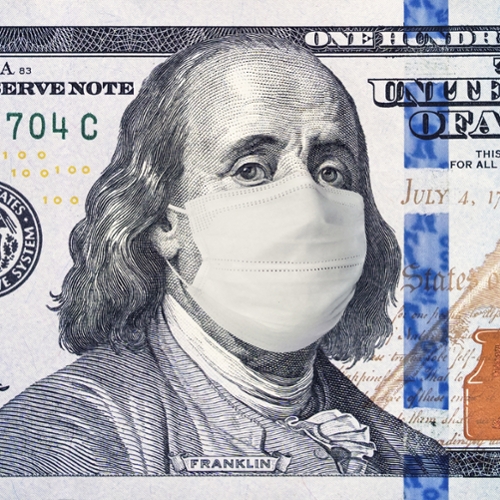 A graphic illustration of Benjamin Franklin on the 100 dollar bill wearing a face mask.