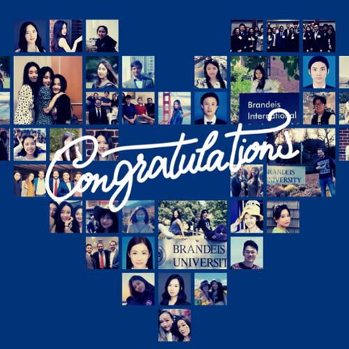 A composite of student photos arranged on a blue background with the white cursive script, "Congratulations!" in the middle.