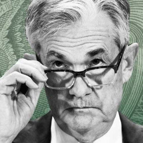 A black and white image of Fed Chair Jerome Powell with a dollar bill as the background.