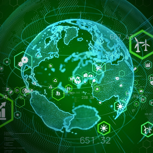 A graphic of the globe in a green bubble surrounded by green hexagons with icons like the sun and wind turbines.
