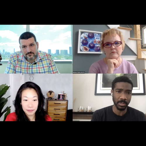 A screen shot of the virtual panel featuring Michael Burtov, Barbara Clarke, Steph Speirs, and Paris Smalls.