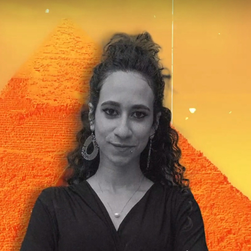 A black and white image of Mariam Serag over an orange and red background.