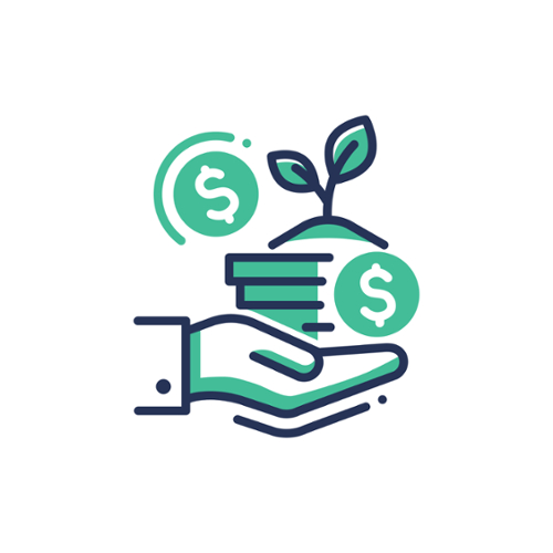 A graphic showing an open hand holding a small plant with dollar signs surrounding it. 