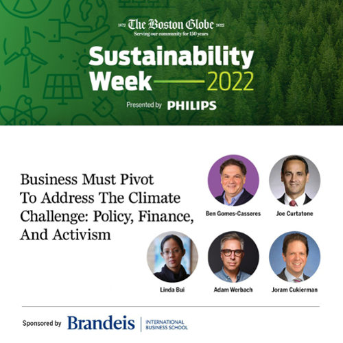 A graphic with a green top and the text, "Sustainability Week." Below are headshots of the five panelists and the text, "Business Must Pivot To Address The Climate Challenge: Policy, Finance, and Activism."