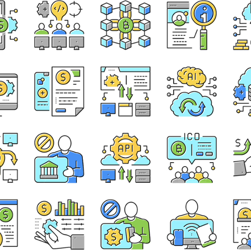 An mosaic of various avatars for financial technology, such as a cloud below a brain that says, "AI," eight blocks in a square around a green circle with a "B" in it.