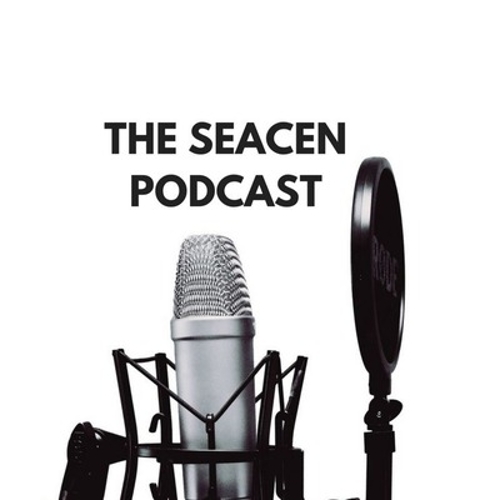 A microphone and muffler over a white background with the text, "The SEACEN Podcast" in black.
