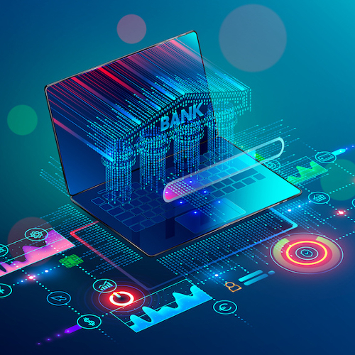 The outline of a bank formed by green squares and blue lines coming out of an open laptop over a contrasted background of bright green and dark blue and purple.