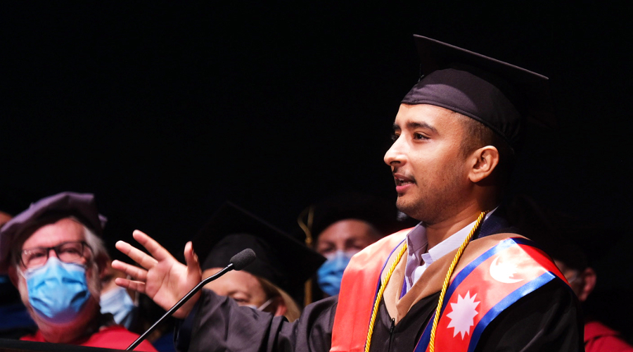 Student speaker Ishan Adhikari, MBA’22 addressing the Class of 2022.