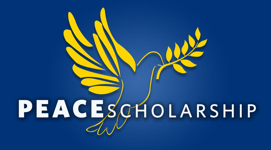 A graphic of a yellow dove with an olive branch in its beak and the words Peace Scholarship.