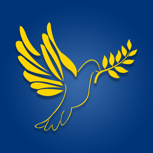 A graphic of a yellow dove with an olive branch in its beak.