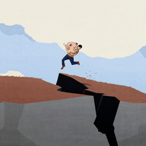 An image of a man holding a piggy bank jumping across a chasm in the ground opening underneath him.