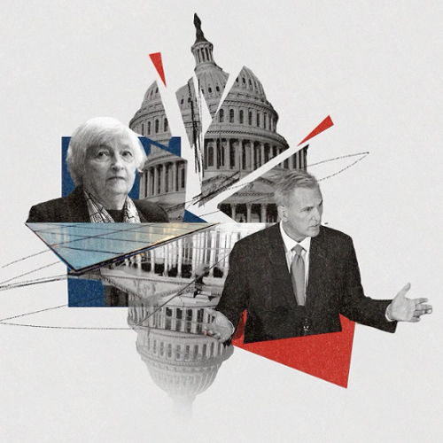 An illustration with Janet Yellen on the left with a blue triangle and Kevin McCarthy on the right with a red triangle, and a shattered Congress between them.