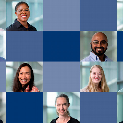 A mosaic composite of headshots of five different faculty members, interspersed with blue and lavender squares.