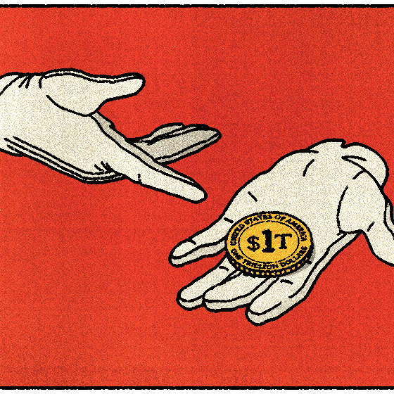 An illustration of gloved hands holding a $1 trillion coin.