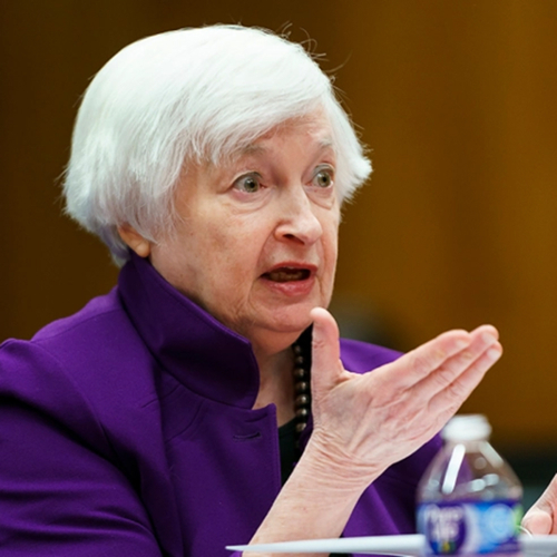 A picture of Janet Yellen gesturing as she testifies to Congress.