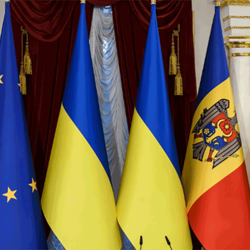 The national flags of Ukraine, Moldova and the flags of the European Union during a diplomatic event in Kyiv, Ukraine