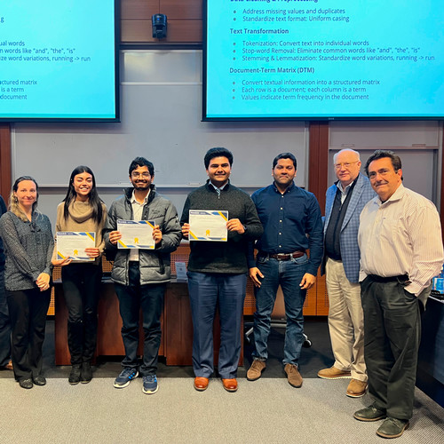 Student winners of the datathon pose with their plaques with the professor and judges.