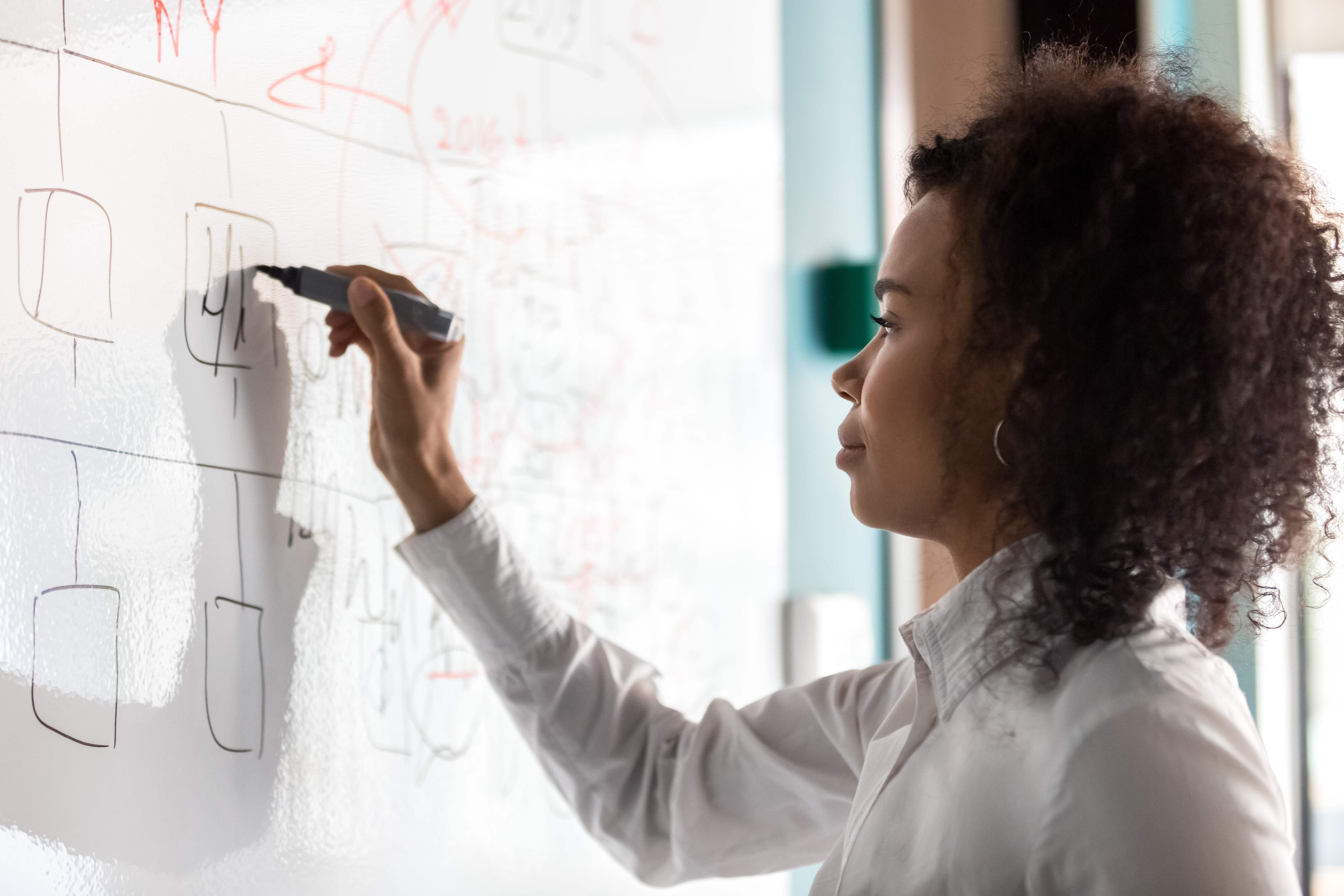 Person writing on a white board