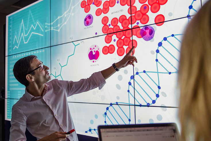 Person pointing at a projected image of DNA.