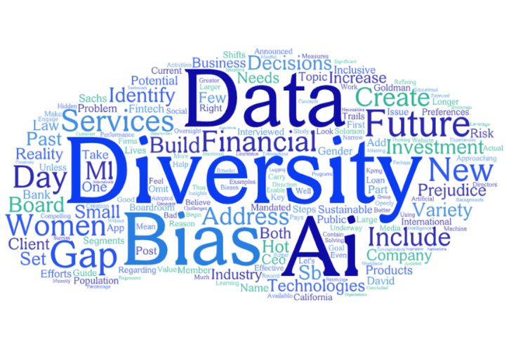 Word cloud with words like "Diversity," "bias," "AI," and "Data."