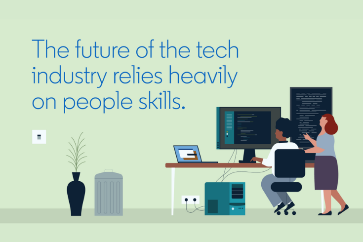 Drawing of people working in an office. Text above says "the future of the tech industry relies heavily on people skills"