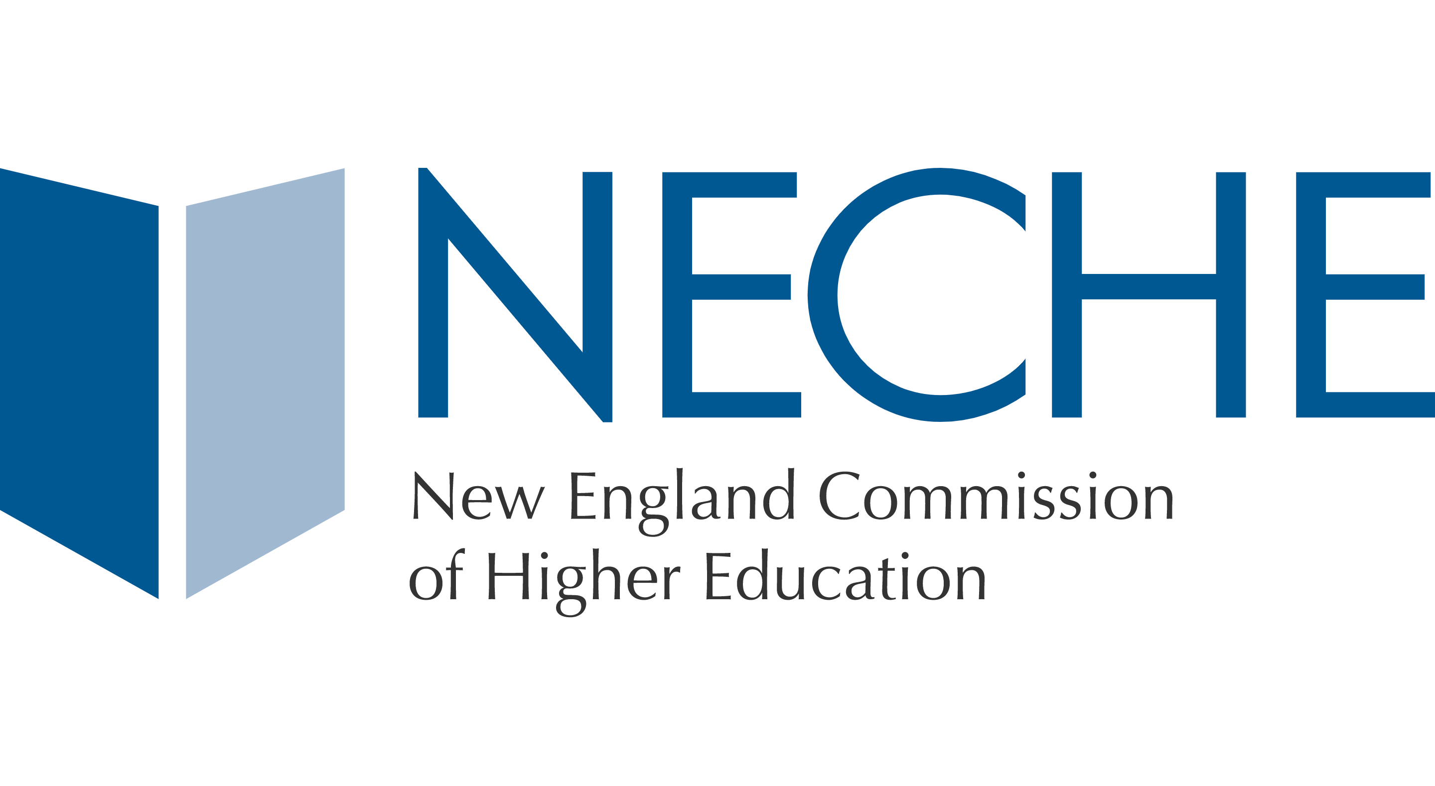 abstract blue book next to text that reads "NECHE New England Commission of Higher Education"