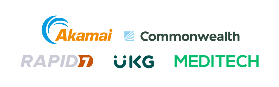 Two rows of logos. Top row reads Akamai and Commonwealth; bottom row reads Rapid7, UKG, and MEDITECH
