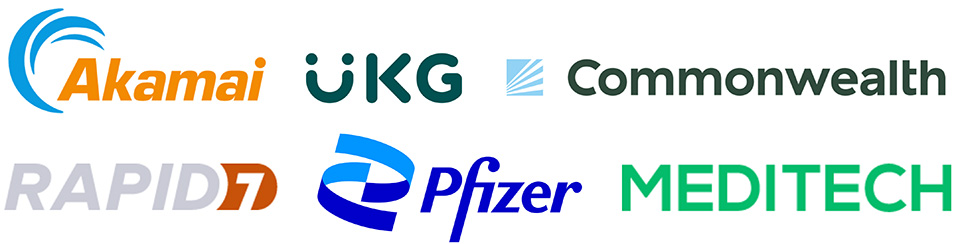 Two rows of logos. Top row reads Akamai, UKG, and Commonwealth; bottom row reads Rapid7, Pfizer, and MEDITECH