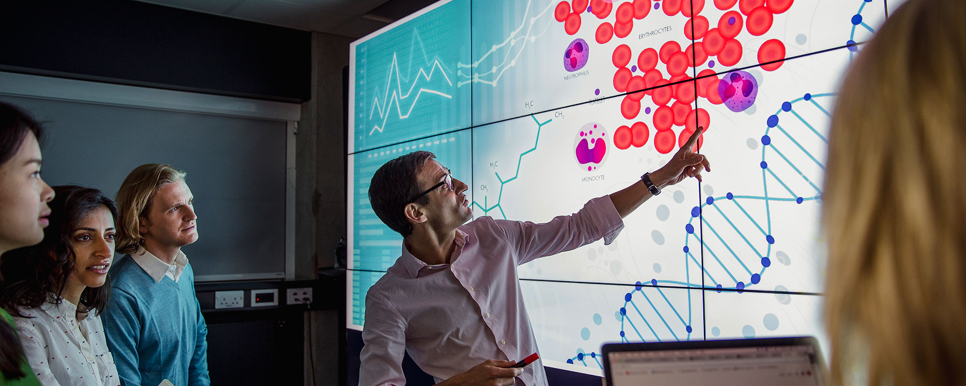 Teacher and students looking at a brightly colored scientific slide projected on a screen in a darkened room.