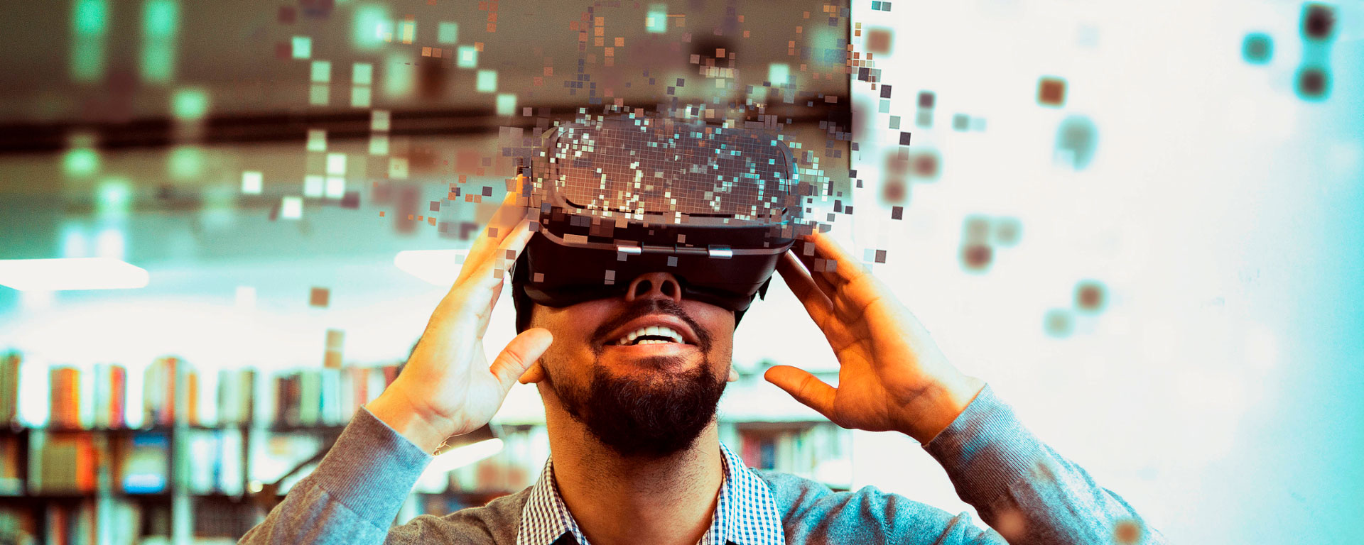A student wearing a virtual reality headset, with clusters of pixels scattered around his head.