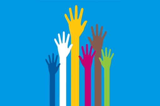 Illustration of multicolored hands raised