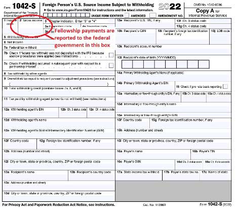 A 1042-S form. Box 2 is circled in red with the text "Fellowship payments are reported to the federal government in this box."