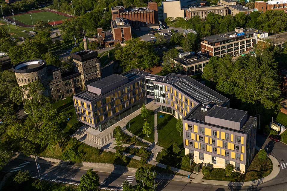 Aerial view of campus with Skyline Commons in the foreground.