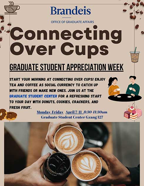 Event banner for "Connecting over cups": Start your morning at Connecting Over Cups! Enjoy tea and coffee as social currency to catch up with friends or make new ones. Join us at the Graduate Student Center for a refreshing start to your day with donuts, cookies, crackers, and fresh fruit. 