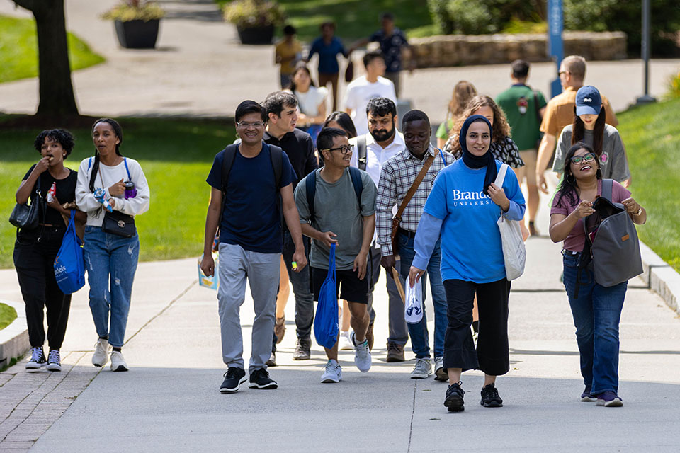 A group of students walk up a path on campus.