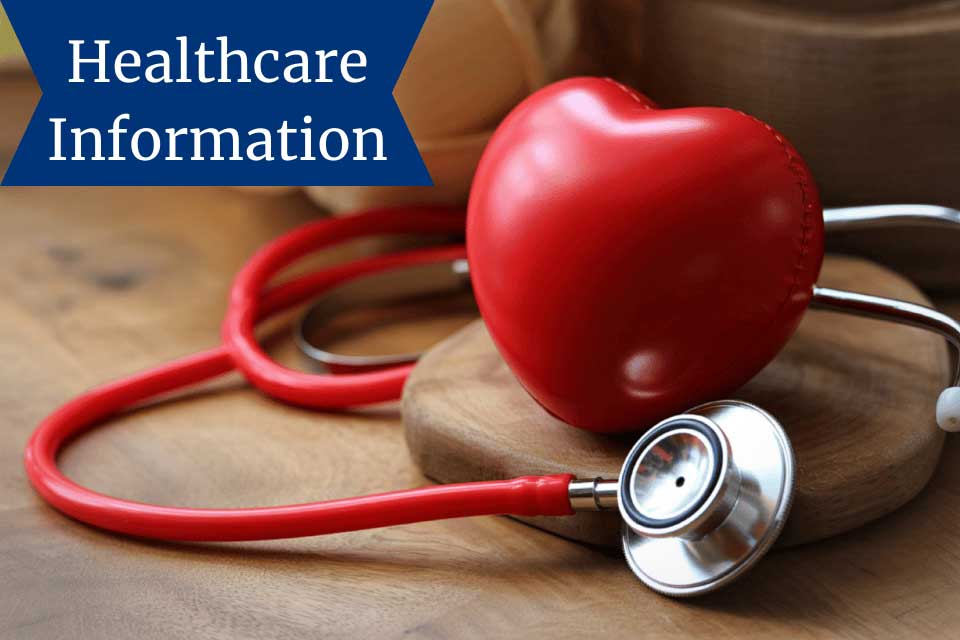 Image of a heart and a stethoscope with the words healthcare information in a blue banner