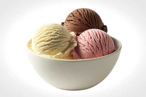 scoops of chocolate, strawberry, and vanilla ice cream in a white bowl