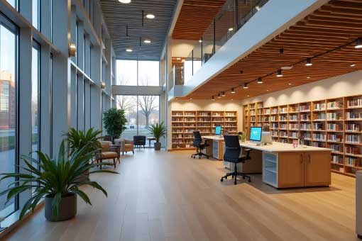 Picture of a library with lots of windows and sunlight with a full wall of bookshelves