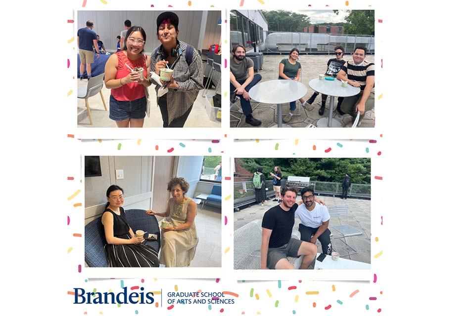 Four photos of people eating ice cream against a background of sprinkles. Clockwise from top left: Two students smile while holding ice cream; four students sit at tables with ice cream; two students sit with arms around each other at table with ice cream; two faculty members sit and smile with ice cream.