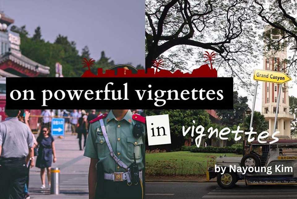 An image from Nayoung Kim's dissertation website, Prismatic Reader, in which an image of people in an open space outside a building is juxtaposed with an image of a small bus outside a tower. Text reads, "On powerful vignettes in vignettes by Nayoung Kim."