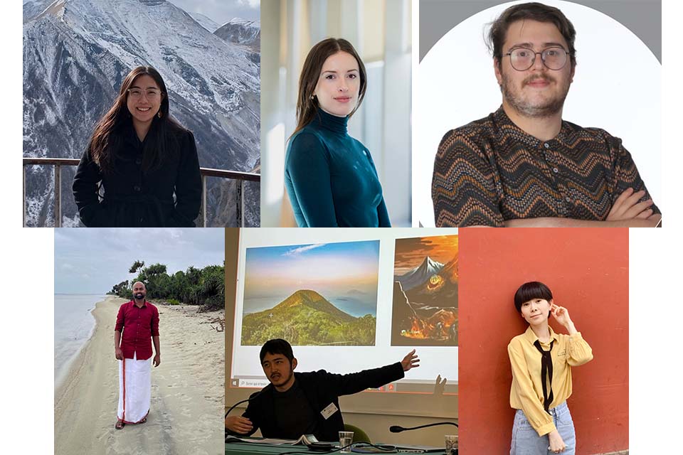 Clockwise from top left: Sarah Han stands in front of snowy mountains; headshot of Skyler Inman; headshot of Syed Taha Kaleem; Changhong Zhang stands in front of orange wall; Yura Yokoyama points to PowerPoint slide; Gowthaman Ranganthan stands on beach 