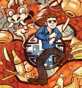 Colorful illustration of Jesse Appel wearing sunglasses dancing. A Chinese dragon is staring at home from behind.