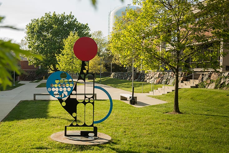 Shiffman Humanities Center and sculpture in front of the building on the lawn