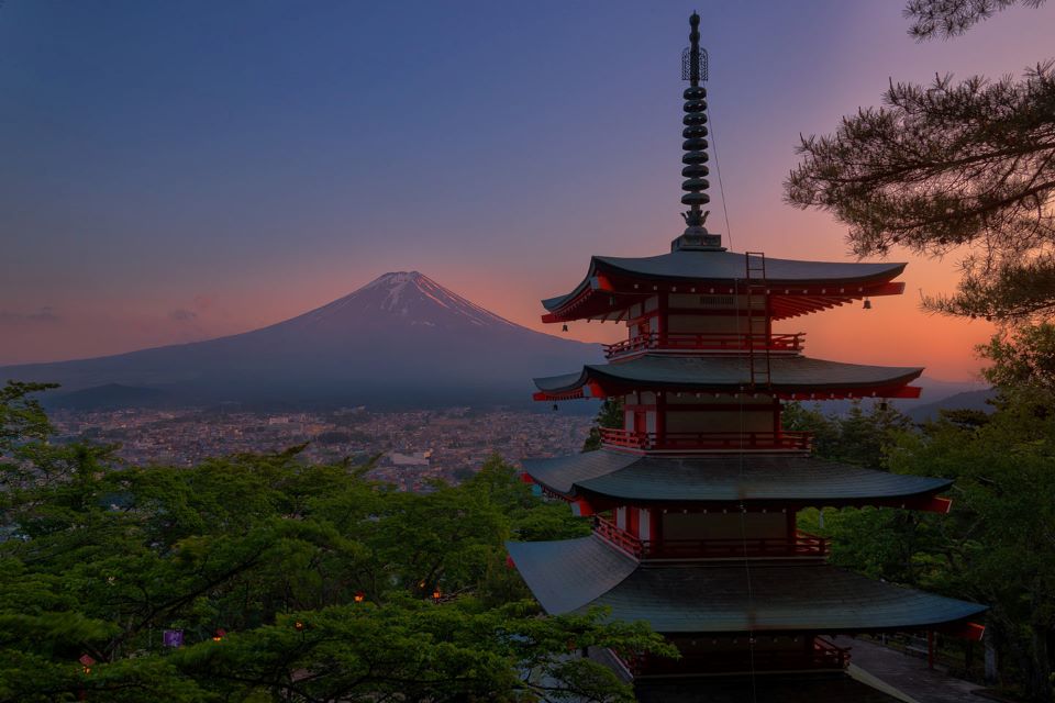 Mt Fuii at sunset with Chureito Pagoda in foreground