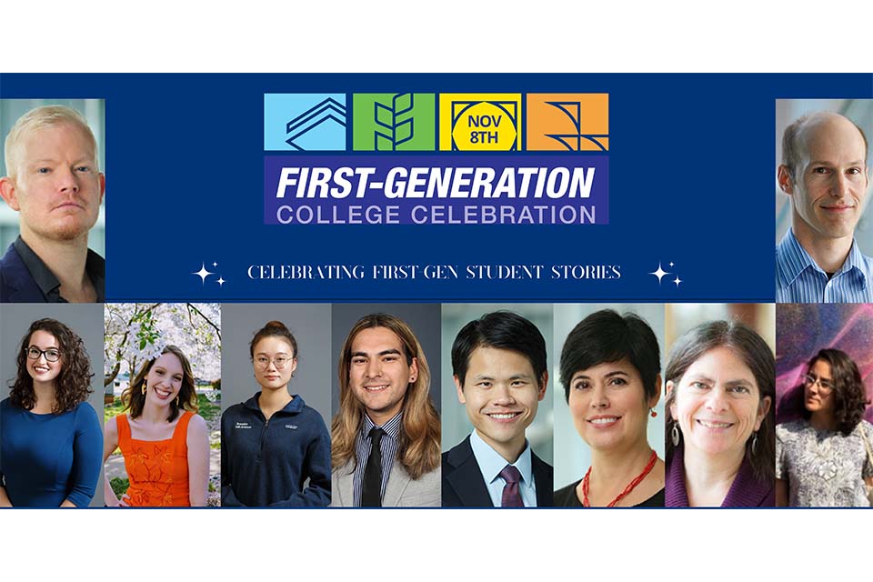 Text reads "Nov 8th, First-Generation College Celebration, Celebrating First-Gen Student Stories." Clockwise from top left, headshots of Michael Strand, Paul Garrity, Patricia Alvarez Astacio, Laura Miller, Teresa Mitchell, Howie Tam, Víkko Suàrez Casanova, Jiahua Chen, Ashley Gilliam, and Anna Valcour.