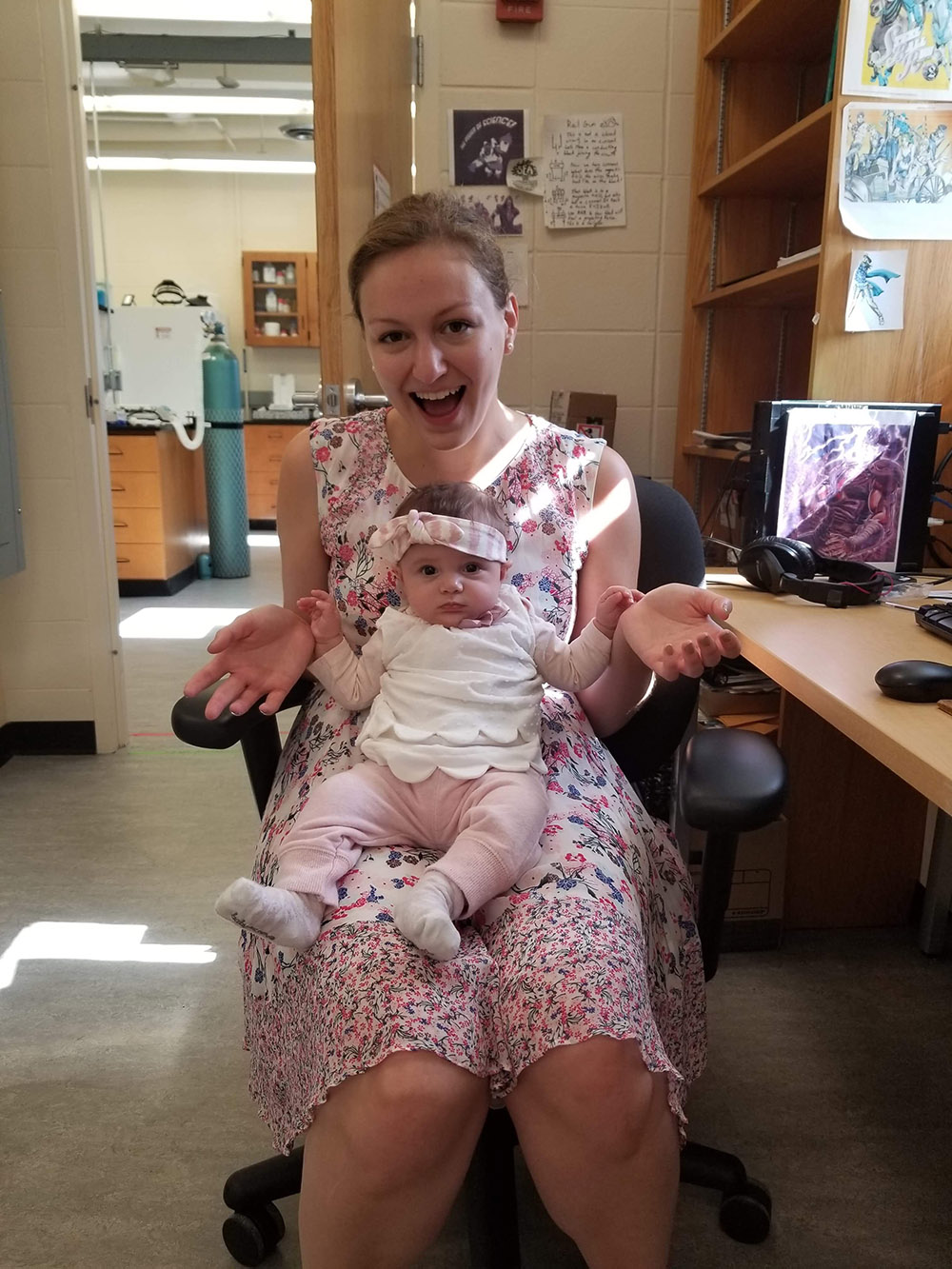 Janna Lowensohn holds baby Sofilia outside a lab.