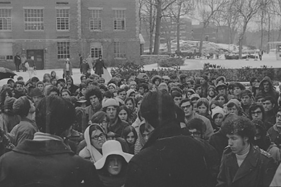 A crowd of students at Ford Hall